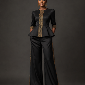 Modèle noire portant l’Ensemble Naba noir et or Maison Peekunde
