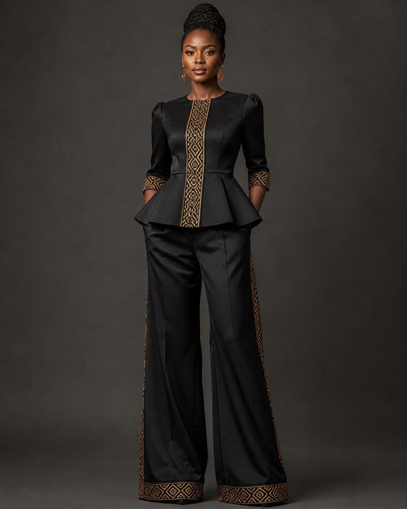 Modèle noire portant l’Ensemble Naba noir et or Maison Peekunde
