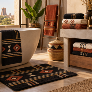 Tapis de bain Kadiogo dans une salle de bain aux tons noir, ivoire et or