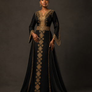 Modèle noire portant la Robe Impériale noire et or Maison Peekunde