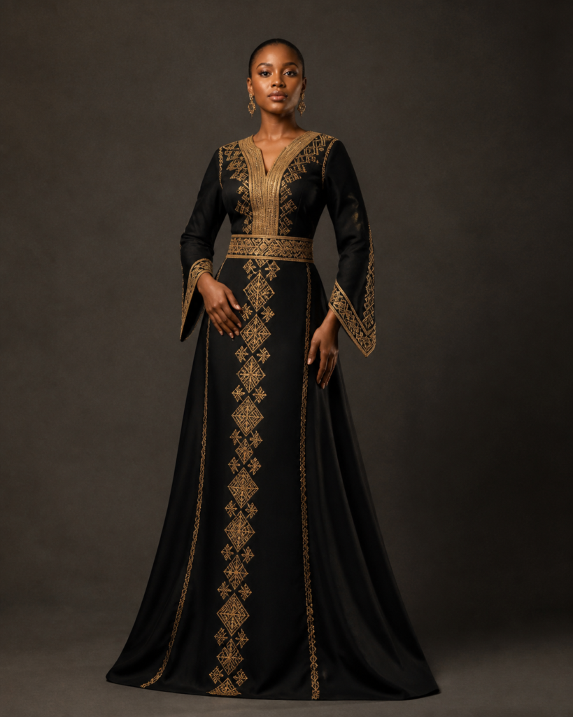 Modèle noire portant la Robe Impériale noire et or Maison Peekunde